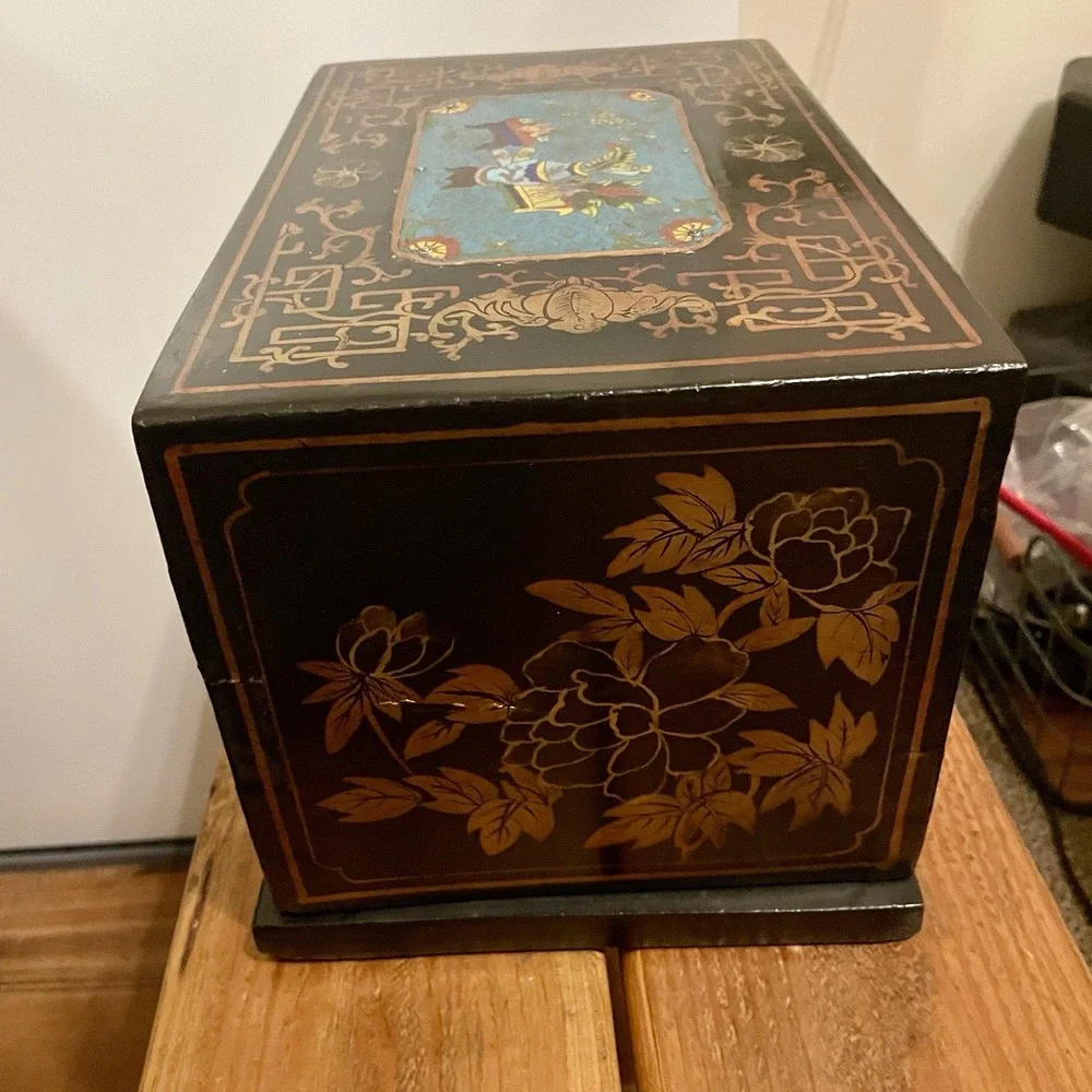 Vintage Chinese Wood Gilt Painted Lacquered  Box W/Cloisonné Medallion